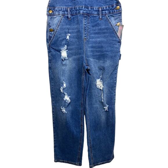 Vintage Y2K NWT Denim Distress Overalls Juniors Sz L Women Sz M Retro Festival - Picture 6 of 12